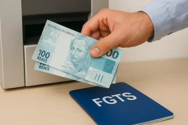 Pessoa sacando notas de 100 reais em caixa eletrônico com carteira azul do FGTS sobre a mesa.