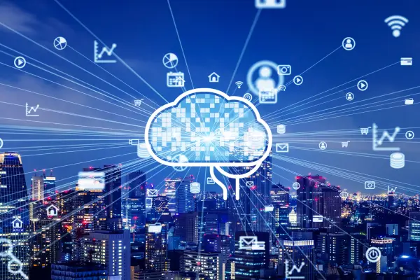 Rede de inovação e inteligência artificial conectando serviços digitais no cotidiano urbano