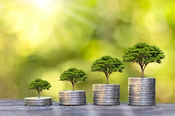 Pilhas de moedas com árvores crescendo sobre elas, simbolizando crescimento financeiro e o resultado de boas ideias de renda extra.