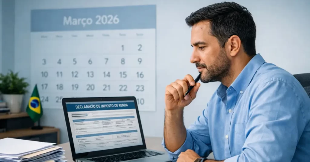 homem analisando declaração do imposto de renda 2026 no laptop com calendário de março ao fundo