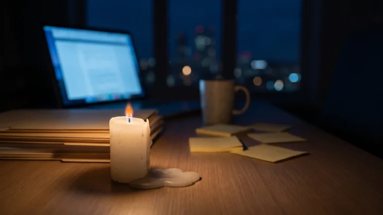 Vela acesa quase no fim sobre uma mesa de escritório à noite, com laptop e papéis ao fundo, simbolizando o esgotamento do burnout