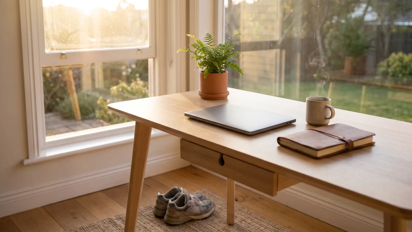 Mesa organizada ao lado da janela com luz da manhã, notebook fechado, planta, chá e tênis de corrida: pausa e limites ajudam a se recuperar do burnout