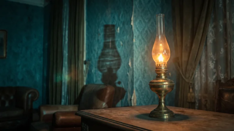 Lampião a gás antigo aceso em uma sala escura, com a sombra deformada na parede, simbolizando o gaslighting