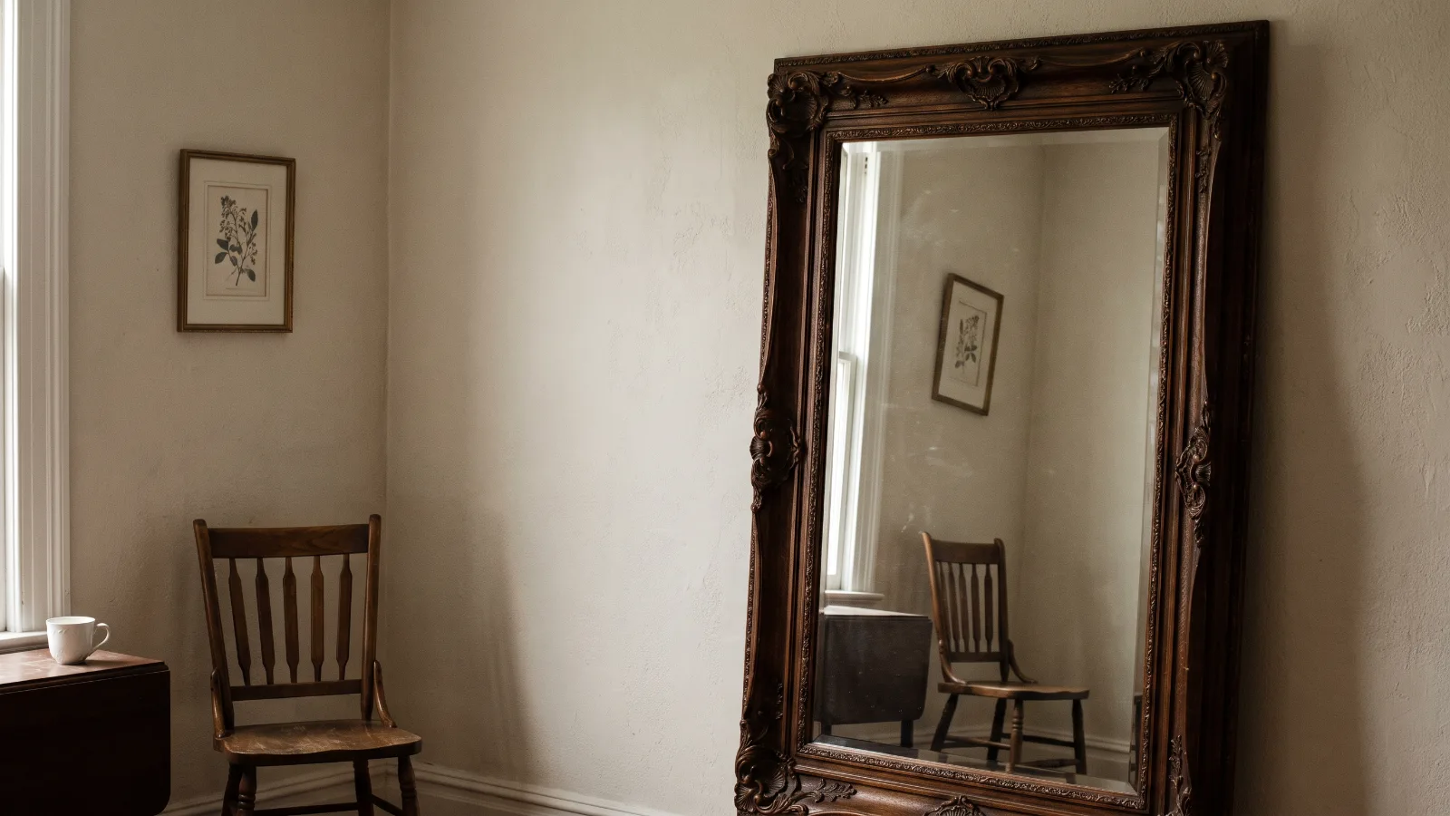 Espelho antigo refletindo um quarto com pequenas diferenças, como o gaslighting faz a pessoa duvidar da própria memória