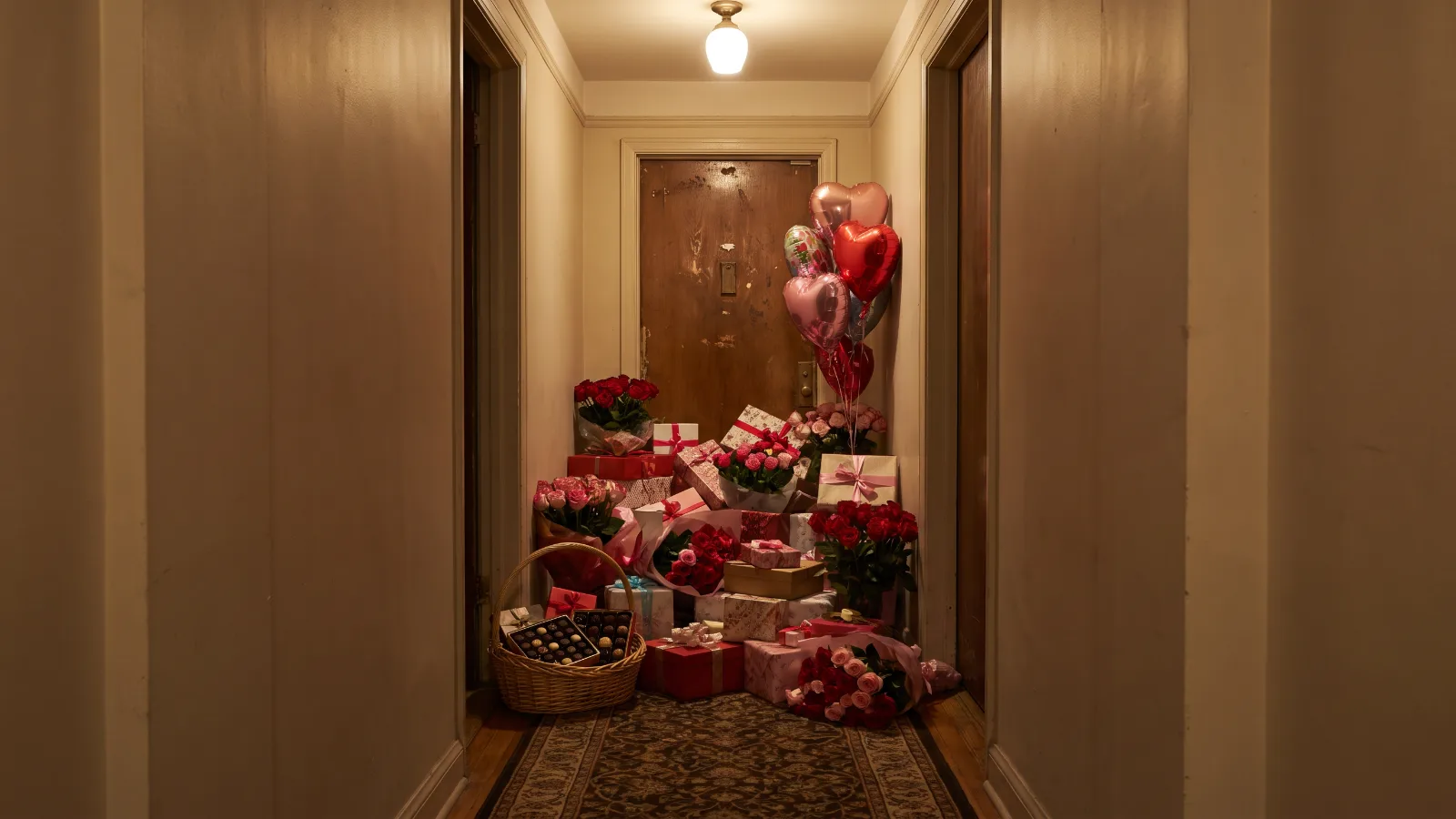 Love bombing: o que é na prática, corredor de apartamento com montanha de presentes, buquês de rosas e balões bloqueando a porta