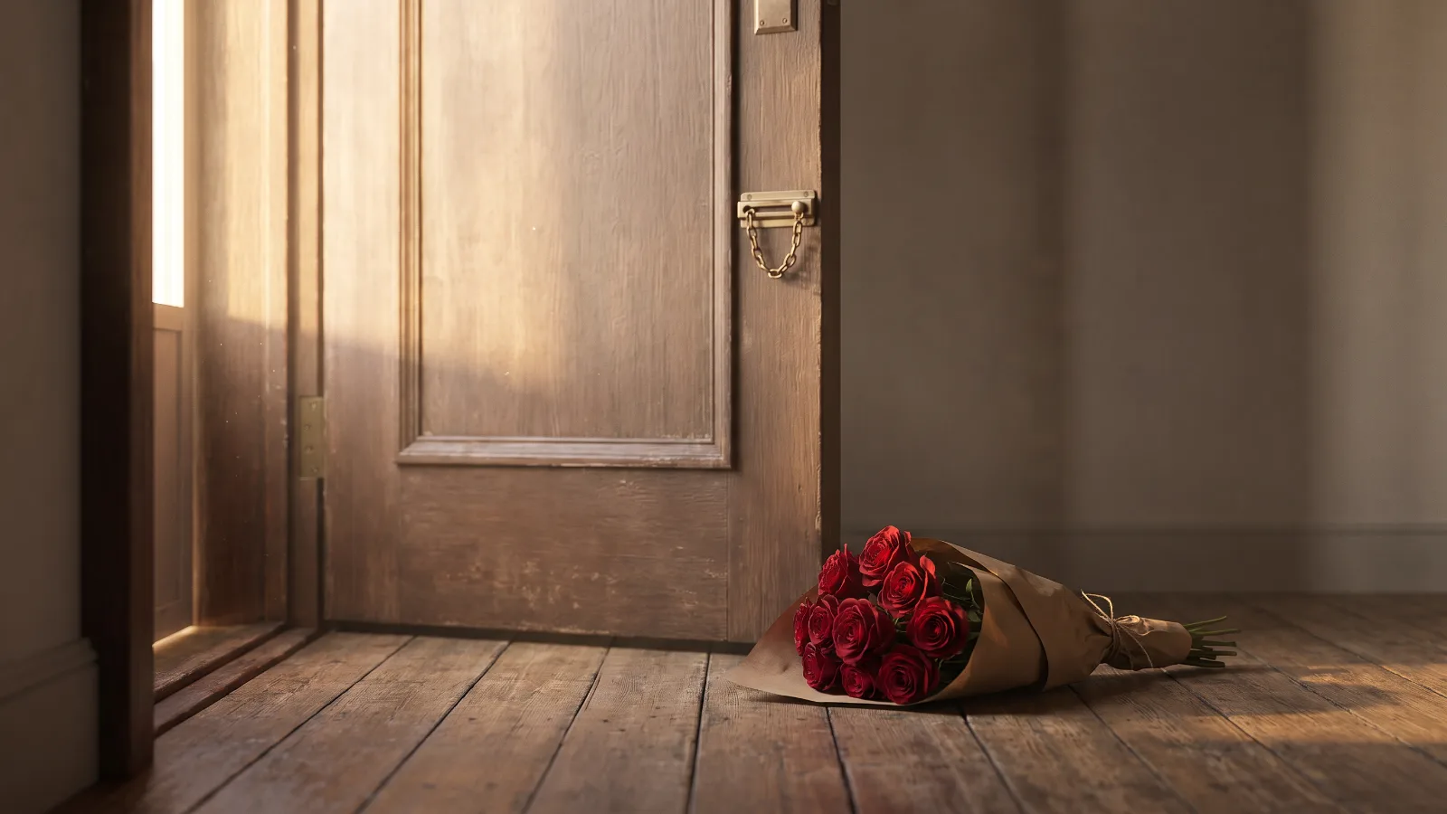 Porta fechada com corrente de segurança e buquê de rosas deixado no chão do lado de fora, representando limites no relacionamento