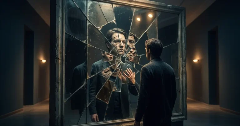Homem observando seu reflexo fragmentado em um espelho quebrado, representando o narcisismo