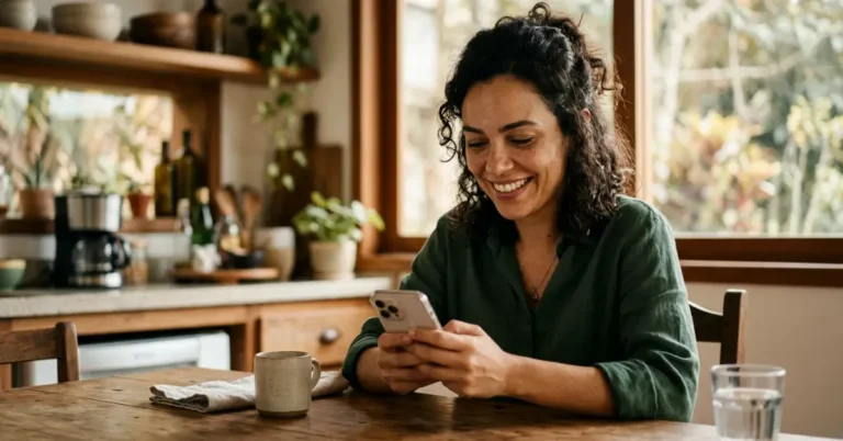mulher consultando Serasacomo limpar o nome pelo celular com sorriso de alívio