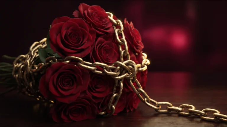 Buquê de rosas vermelhas apertado por uma corrente dourada, simbolizando o afeto usado como controle no love bombing