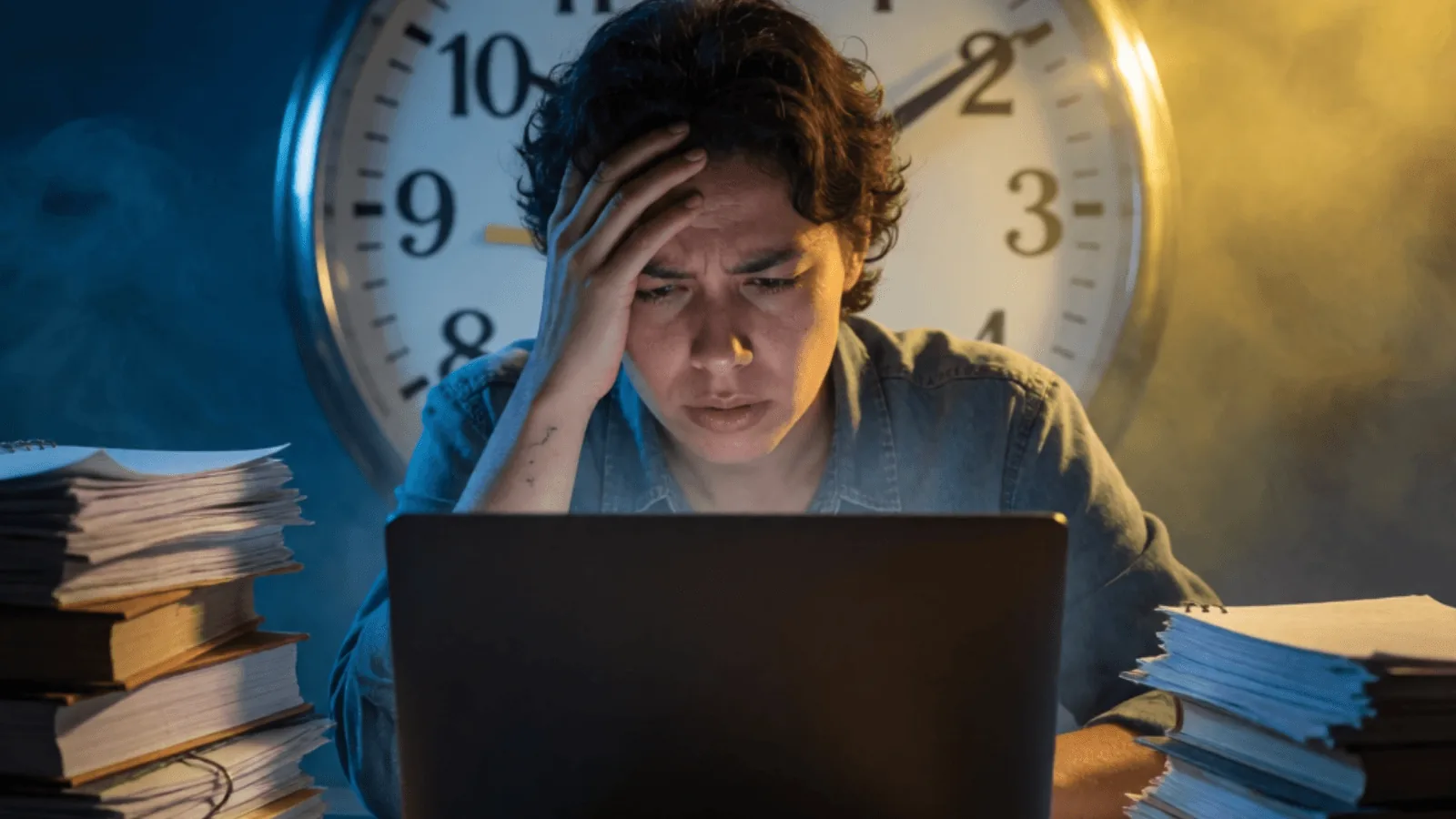 Pessoa estressada com a mão na cabeça diante do notebook e de pilhas de papéis, com um relógio ao fundo