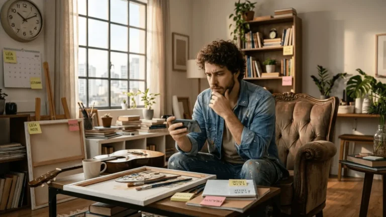 Homem pensativo olhando o celular em casa, cercado de tarefas adiadas, ilustrando a procrastinação